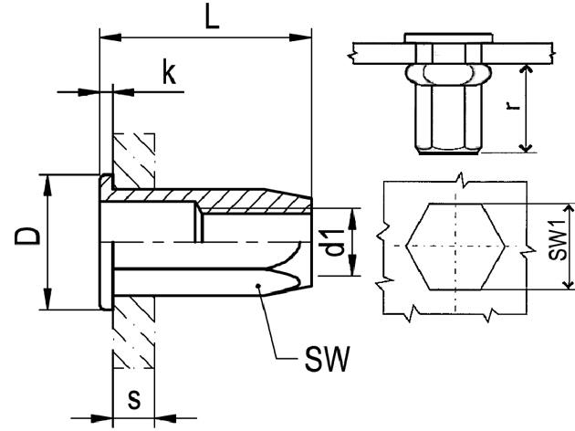 d1 = M4 (závit); D = 9 (mm); L = 11,0 (mm); s = 0,5-2,0 (mm); SW = 5.9 (mm); 